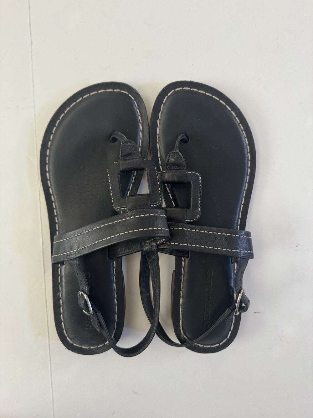 Bernardo Tegan Black Leather Thong Slingback Sandals Square Ring Stitch 9M
